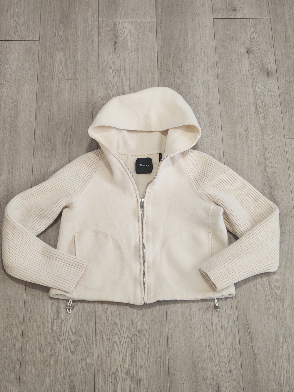 Theory Wool Cashmere Hooded Rib Bomber Jacket Off White Small P K0801409